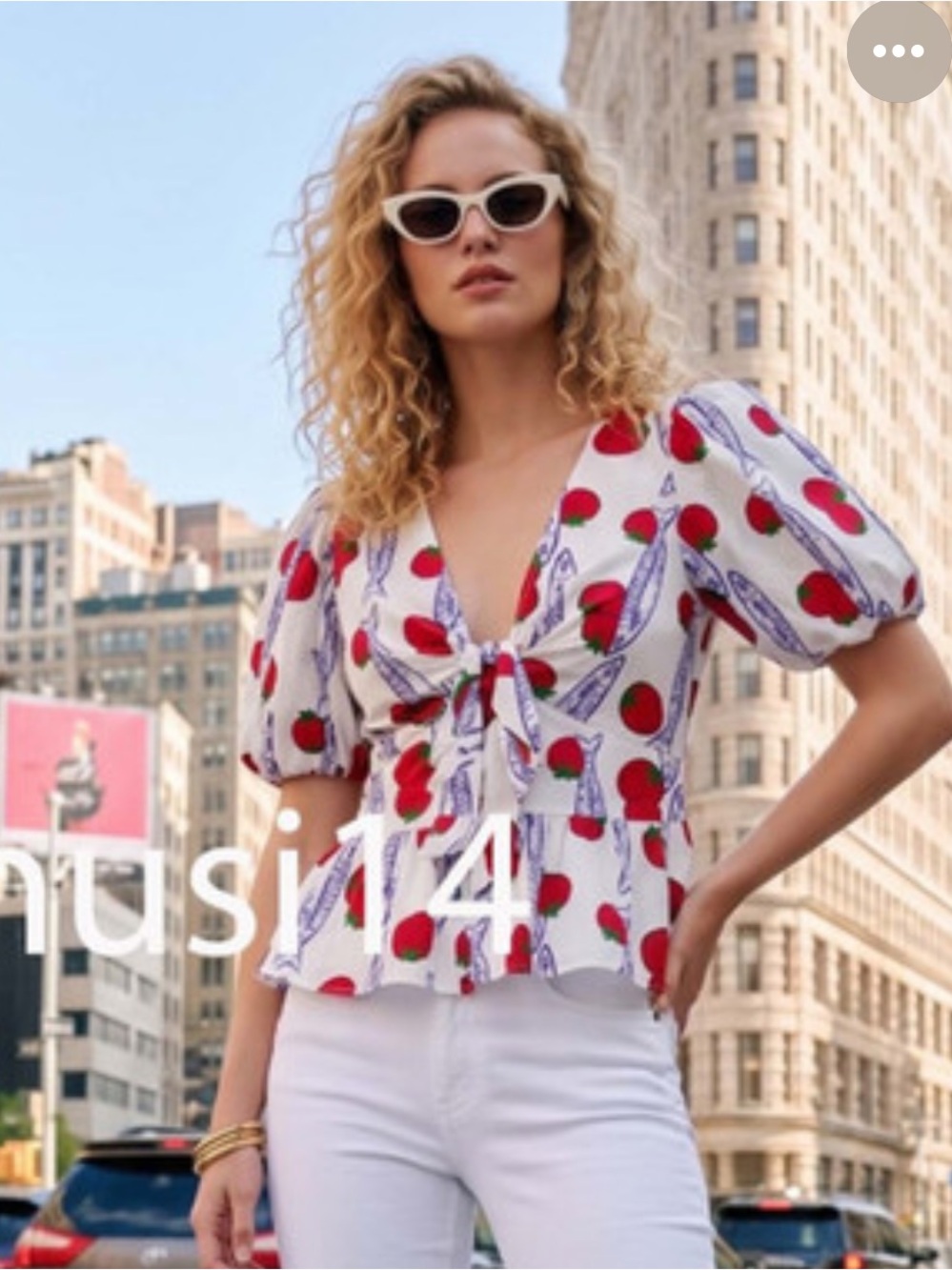 ZARA White Top with Red & Blue Print Tie-Front - Picture 6 of 7
